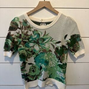 Anthropologie Green and Cream Floral Knit Top